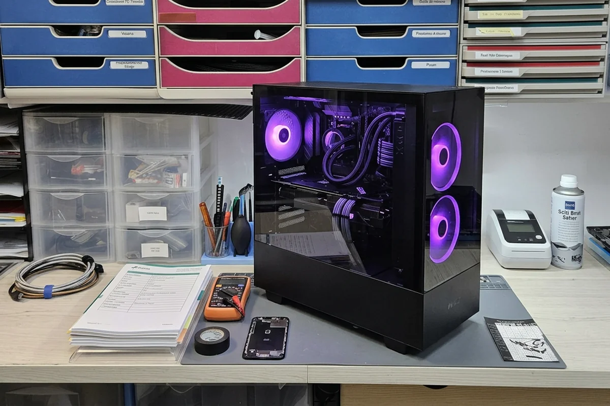 Montage PC gamer terminé sur l'établi de l'atelier : tour noire vitrée avec ventilateurs violets