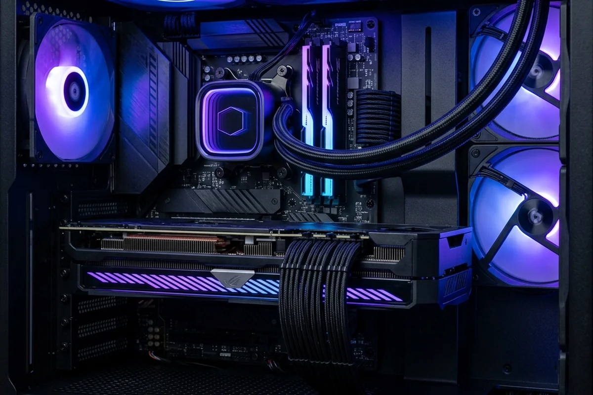 Intérieur d'un montage PC gamer soigné : watercooling, mémoire RGB et cable management propre