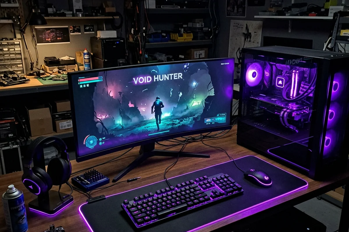 Poste de jeu complet après montage PC gamer : écran incurvé, périphériques rétroéclairés et tour RGB