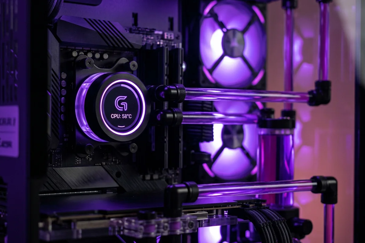 Détail d'un montage PC gamer watercoolé : bloc processeur avec température affichée et tubes rigides