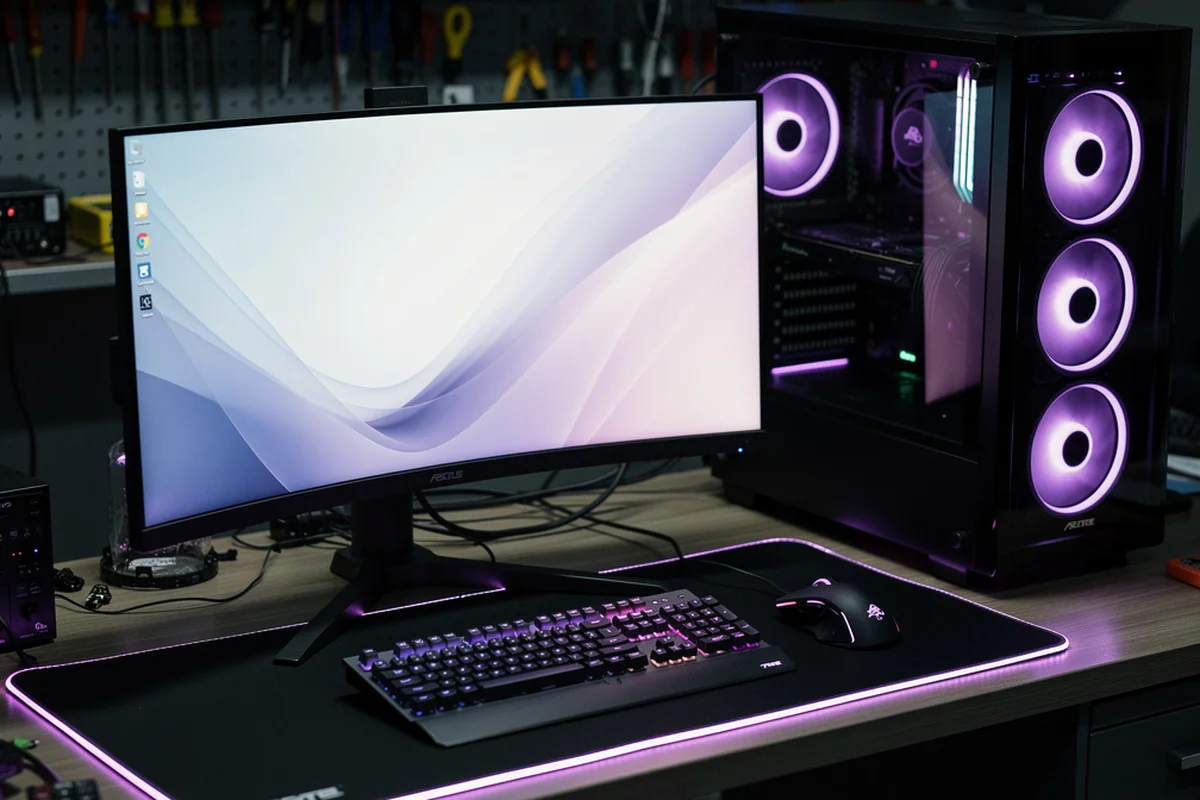 Montage PC gamer installé sur le bureau : écran incurvé et tour à trois ventilateurs violets